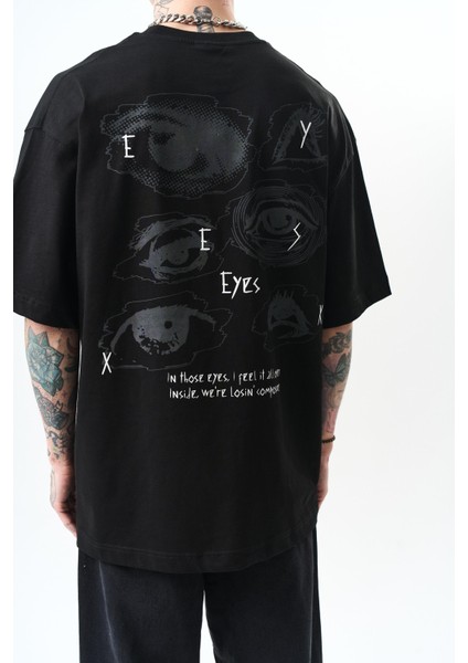 Erkek Eyes Baskılı Oversize T-Shirt Siyah fırsatları