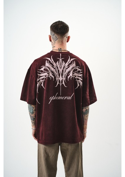 Erkek Ephemeral Baskılı Yıkamalı Oversize T-Shirt Mor