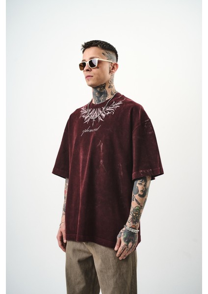 Erkek Ephemeral Baskılı Yıkamalı Oversize T-Shirt Mor modelleri