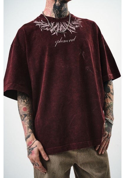 Erkek Ephemeral Baskılı Yıkamalı Oversize T-Shirt Mor indirimleri