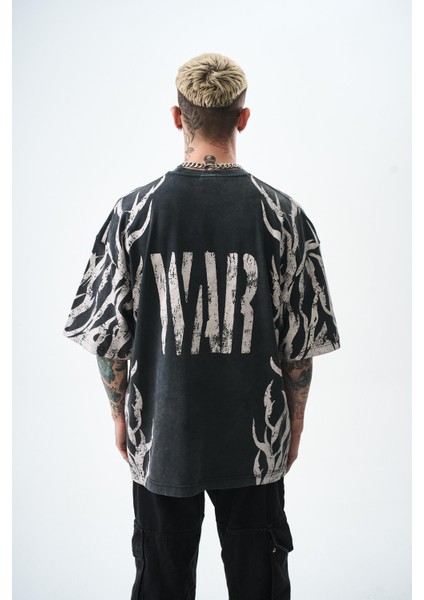 Erkek War Baskılı Yıkamalı Oversize T-Shirt Siyah modelleri