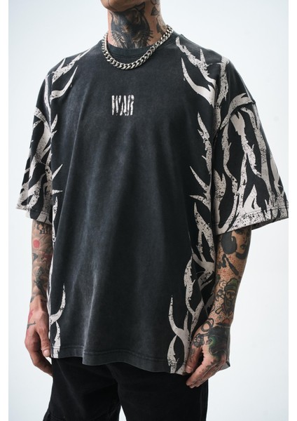 Erkek War Baskılı Yıkamalı Oversize T-Shirt Siyah fırsatları
