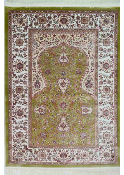 Bambu Iplikten Dokuma Parlak Tuşeli Krem ve Yeşil Renk Mihraplı Seccade (83 x 125 cm )