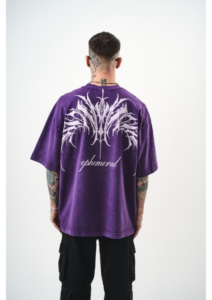 Erkek Ephemeral Baskılı Yıkamalı Oversize T-Shirt Mor