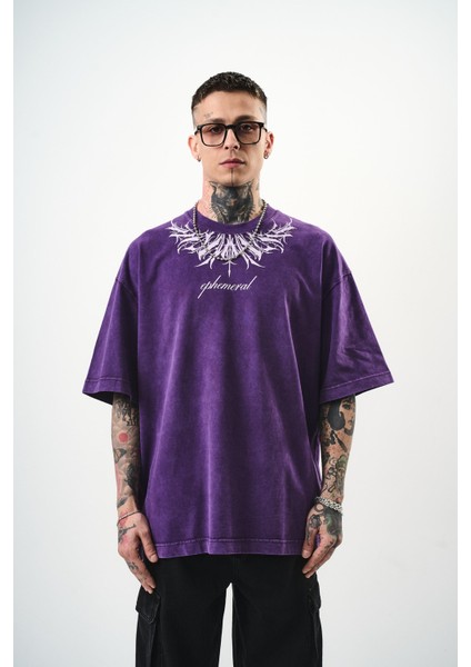 Erkek Ephemeral Baskılı Yıkamalı Oversize T-Shirt Mor fiyatları
