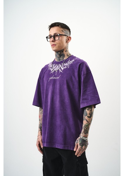 Erkek Ephemeral Baskılı Yıkamalı Oversize T-Shirt Mor modelleri
