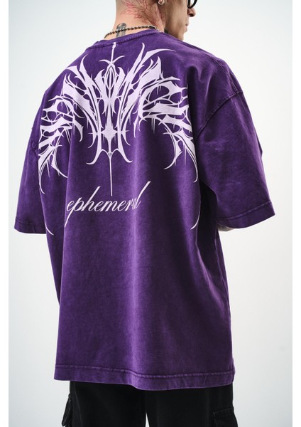 Erkek Ephemeral Baskılı Yıkamalı Oversize T-Shirt Mor fırsatları