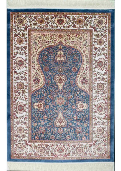 Bambu Iplikten Dokuma Parlak Tuşeli Krem ve Mavi Renk Mihraplı Seccade (83 x 125 cm )