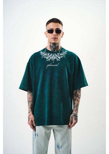 Erkek Ephemeral Baskılı Yıkamalı Oversize T-Shirt Mor fiyatları