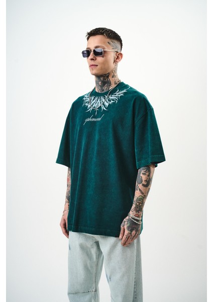 Erkek Ephemeral Baskılı Yıkamalı Oversize T-Shirt Mor modelleri