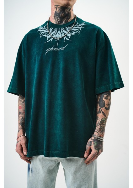 Erkek Ephemeral Baskılı Yıkamalı Oversize T-Shirt Mor indirimleri