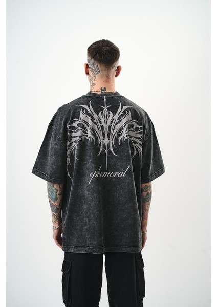 Erkek Ephemeral Baskılı Yıkamalı Oversize T-Shirt Mor