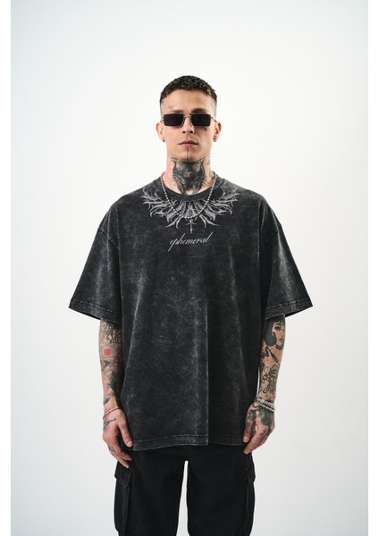 Erkek Ephemeral Baskılı Yıkamalı Oversize T-Shirt Mor fiyatları