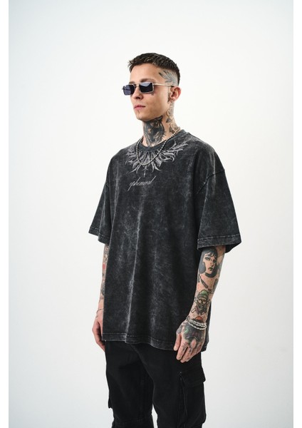 Erkek Ephemeral Baskılı Yıkamalı Oversize T-Shirt Mor modelleri