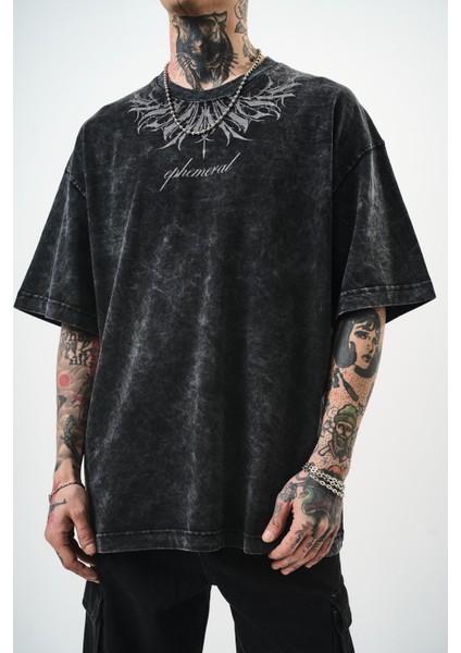 Erkek Ephemeral Baskılı Yıkamalı Oversize T-Shirt Mor indirimleri