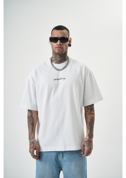 Erkek Symphony Baskılı Oversize T-Shirt Beyaz