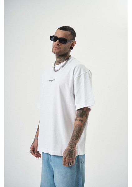 Erkek Symphony Baskılı Oversize T-Shirt Beyaz