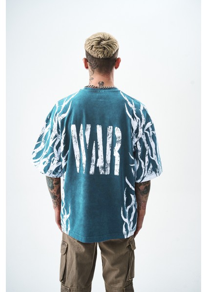 Erkek War Baskılı Yıkamalı Oversize T-Shirt Siyah
