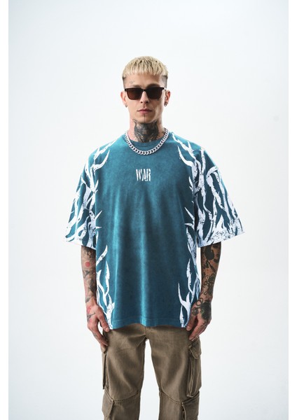 Erkek War Baskılı Yıkamalı Oversize T-Shirt Siyah fiyatları