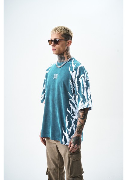 Erkek War Baskılı Yıkamalı Oversize T-Shirt Siyah modelleri