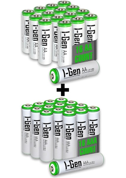 I-GEN B183 32'li Paket Şarjlı Pil 16 Adet AA 2700 MAH ŞARJLI KALEM PİL + 16 ADET AAA 900 MAH ŞARJLI İNCE KALEM PİL 1.2V NI-MH