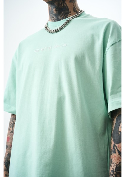 Erkek Palm Baskılı Oversize T-Shirt Su Yeşili indirimleri