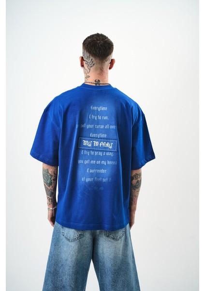 Erkek Try To Pray Nakışlı Oversize T-Shirt Saks