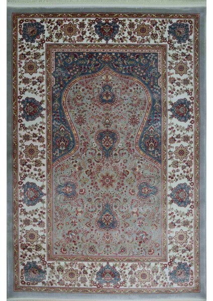 Bambu Iplikten Dokuma Parlak Tuşeli Mavi ve Gri Renk Mihraplı Seccade (83 x 125 cm )