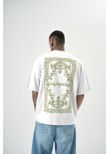 Erkek Ornaments Baskılı Oversize T-Shirt Beyaz