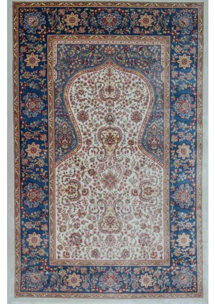 Bambu Iplikten Dokuma Parlak Tuşeli Krem ve Lacivert Renk Mihraplı Seccade (83 x 125 cm )