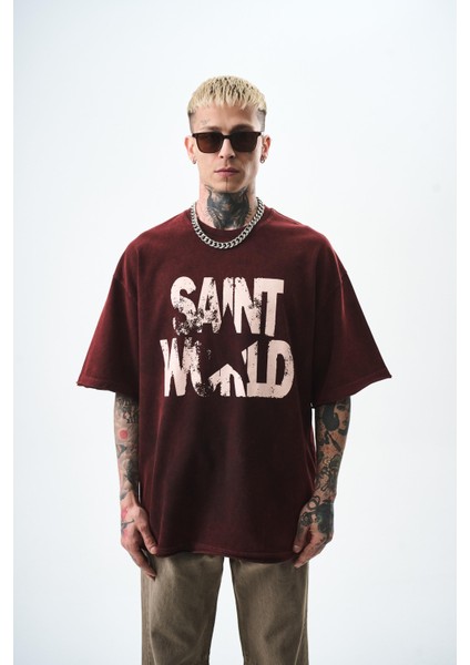Erkek Star Baskılı Yıkamalı Oversize T-Shirt Bordo