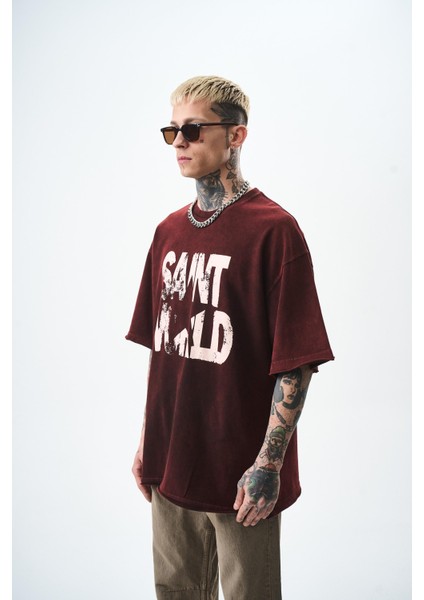 Erkek Star Baskılı Yıkamalı Oversize T-Shirt Bordo fiyatları