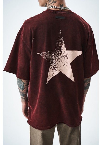 Erkek Star Baskılı Yıkamalı Oversize T-Shirt Bordo indirimleri