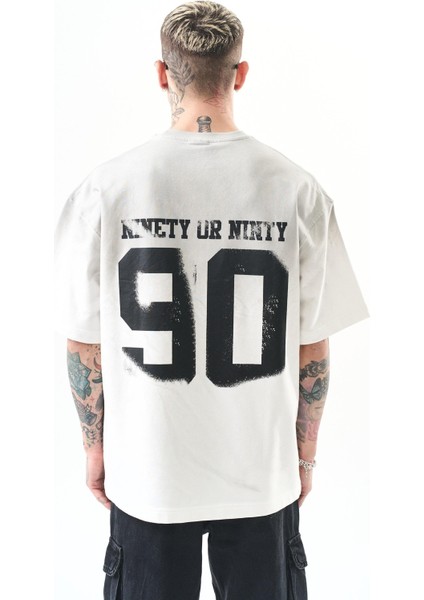 Erkek Ninety Baskılı Oversize T-Shirt Ekru