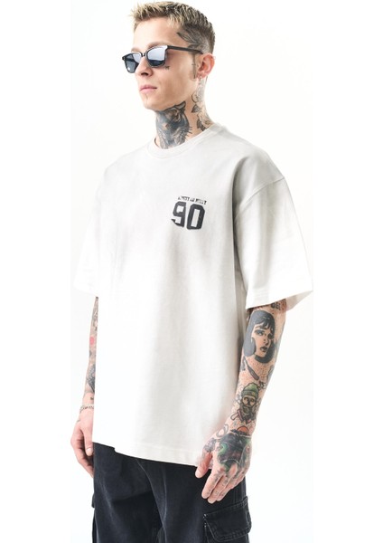 Erkek Ninety Baskılı Oversize T-Shirt Ekru modelleri