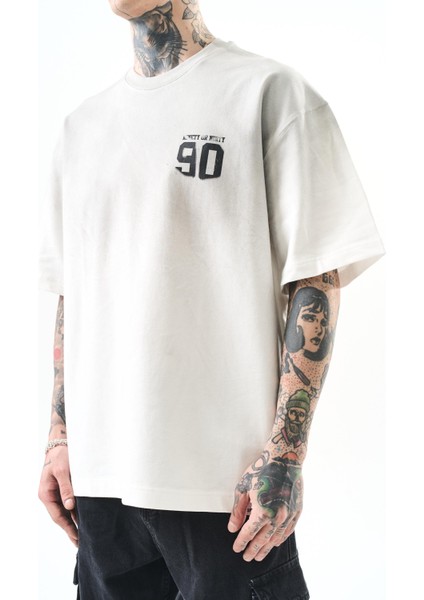 Erkek Ninety Baskılı Oversize T-Shirt Ekru indirimleri