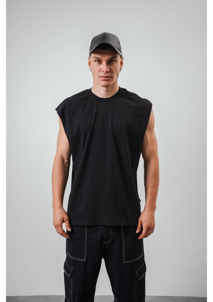 Erkek Basic Sıfır Kol Oversize T-Shirt Siyah