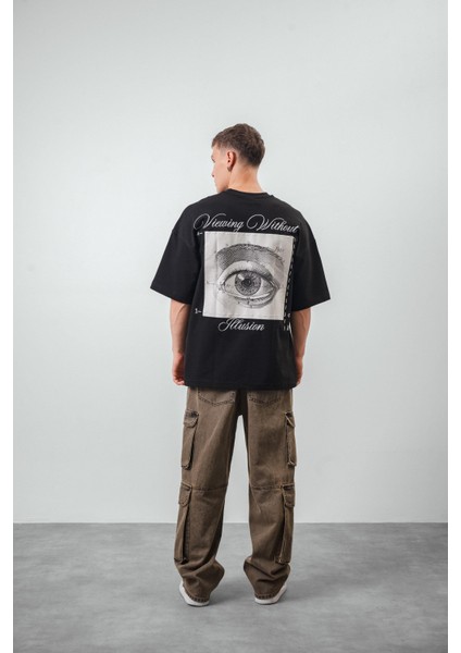 Erkek Illusion Baskılı Oversize T-Shirt Siyah indirimleri