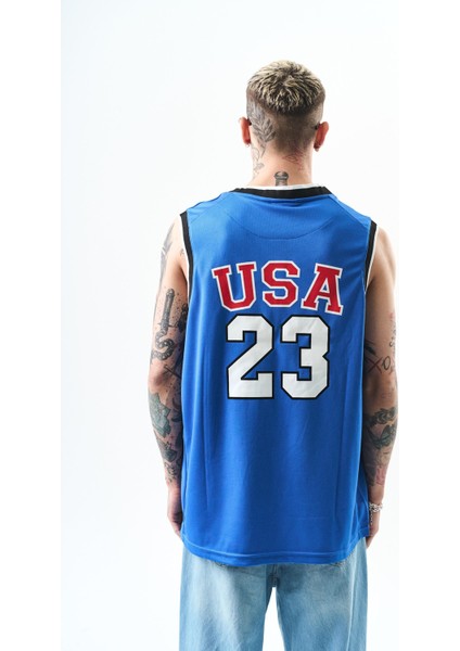 Erkek Usa 23 Sıfır Kol Oversize Forma T-Shirt Mavi
