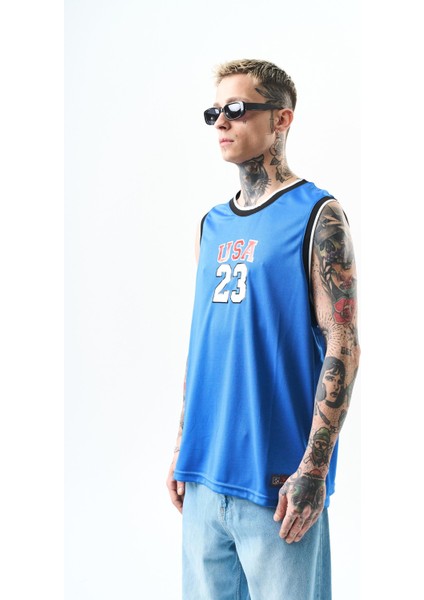 Erkek Usa 23 Sıfır Kol Oversize Forma T-Shirt Mavi