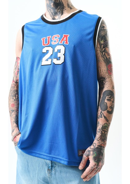 Erkek Usa 23 Sıfır Kol Oversize Forma T-Shirt Mavi