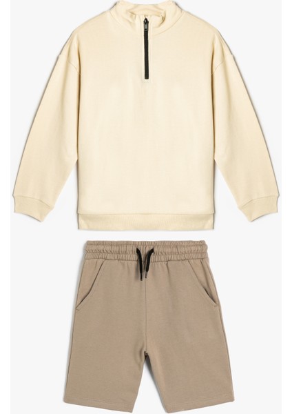 Pamuklu Fermuarlı Şardonlu Dik Yaka Sweatshirt ve Şort Seti