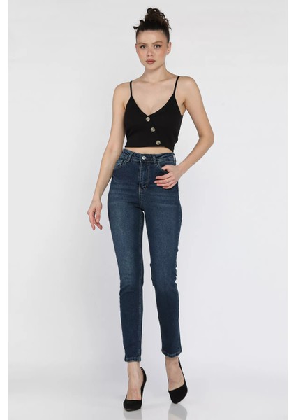 Kadın Likralı Yüksek Bel Mom Jean Kot Pantolon P-00016011