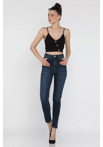 Kadın Likralı Yüksek Bel Mom Jean Kot Pantolon P-00016011