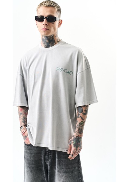 Erkek Psycho Baskılı Yıkamalı Oversize T-Shirt Yıkamalı Gri1 fiyatları