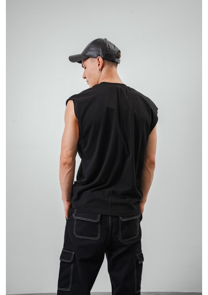 Erkek Basic Sıfır Kol Oversize T-Shirt Siyah modelleri