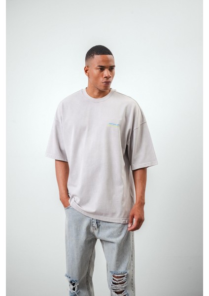 Erkek Series Of Minimalism Yazılı Yıkamalı Oversize T-Shirt Gri