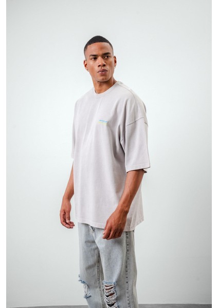Erkek Series Of Minimalism Yazılı Yıkamalı Oversize T-Shirt Gri