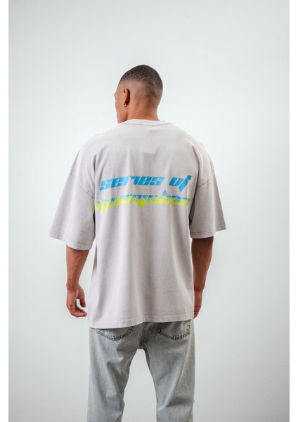 Erkek Series Of Minimalism Yazılı Yıkamalı Oversize T-Shirt Gri