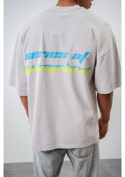 Erkek Series Of Minimalism Yazılı Yıkamalı Oversize T-Shirt Gri